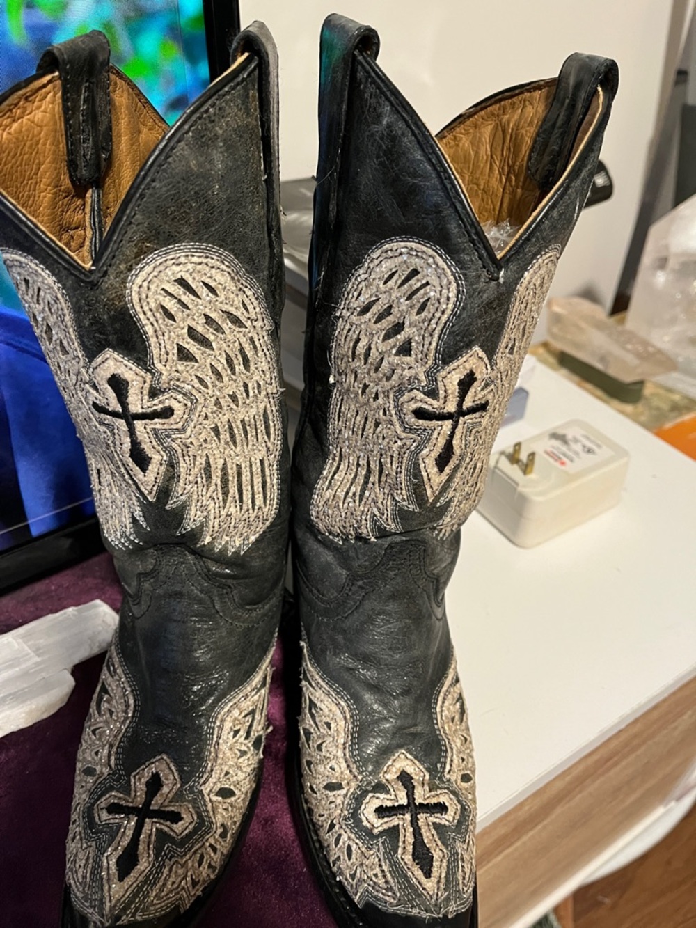 Women's Vintage God & Angels Corral Leather Embroidered Gray /Black Heeled Boots